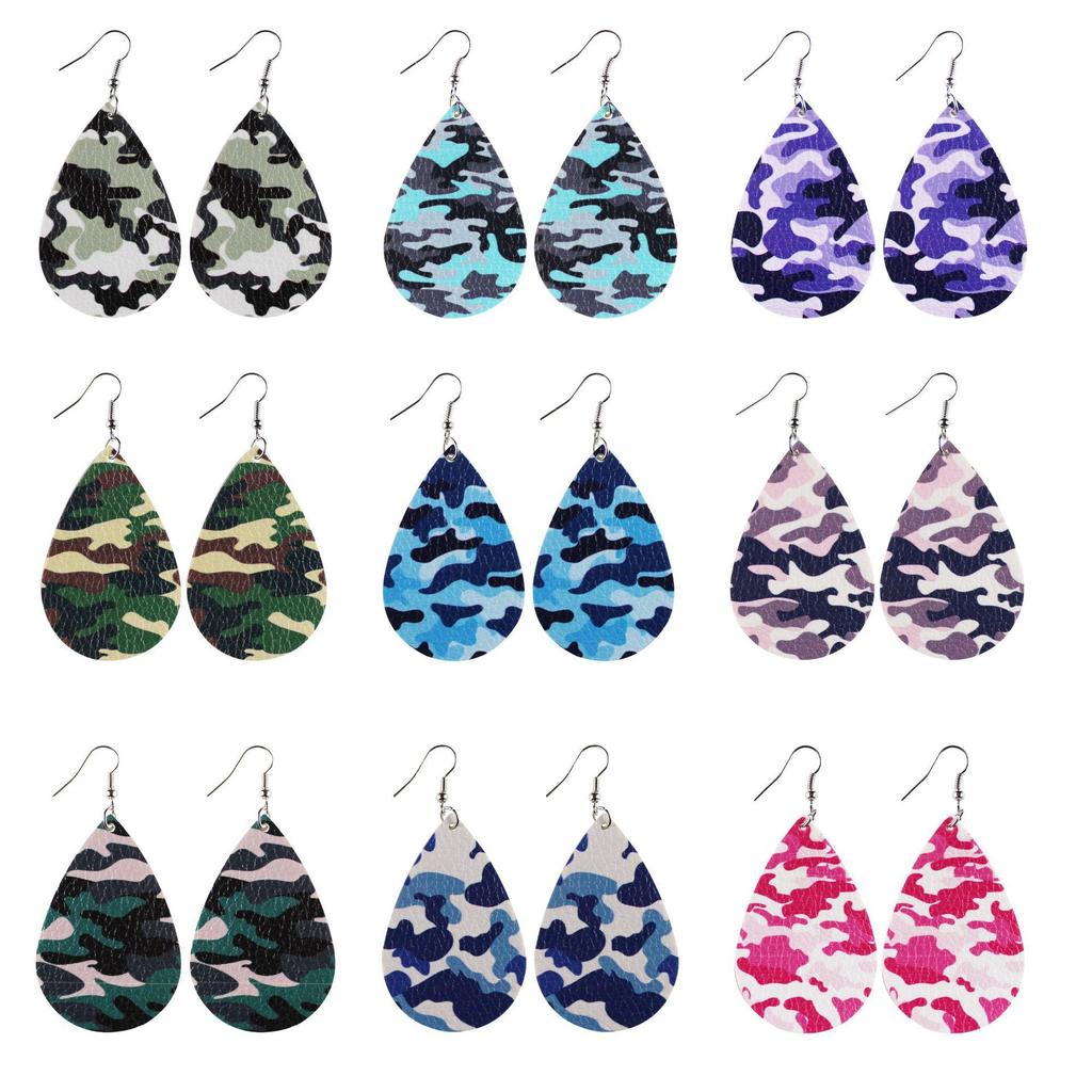 Army Green Camouflage Pu Leather Earrings Water Drop Shape Double-Sided Printing For