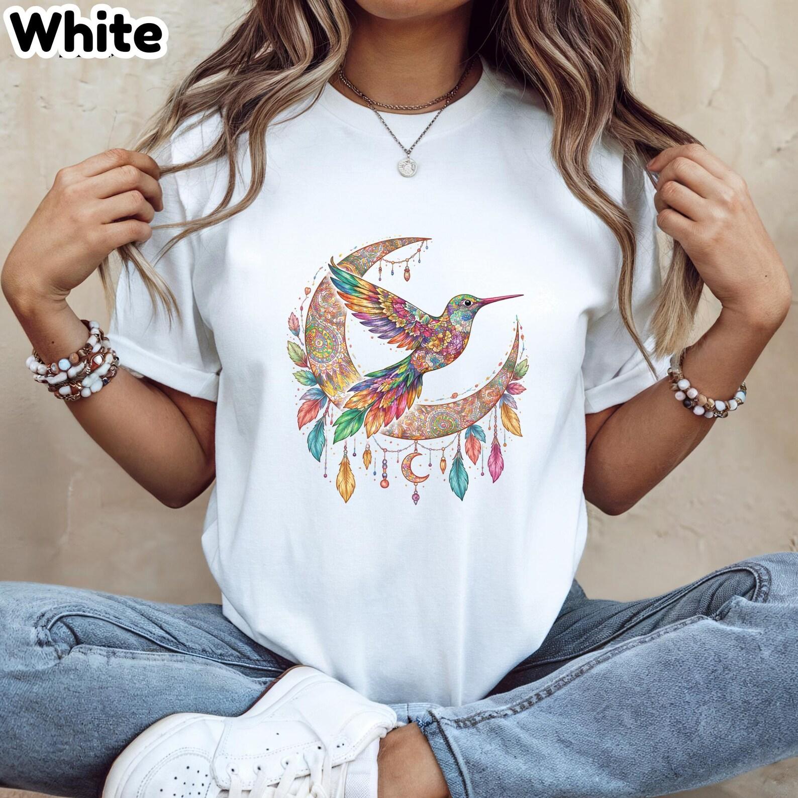 Soft Boho Hummingbird Crescent Moon Tee | Pastel Floral Feather Shirt | Minimal Aesthetic Bird Graphic Tee | Spiritual Nature Gift for Her XL