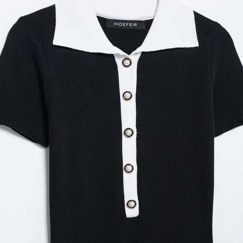 Kaslead New Women clothes Western Style Fashion Patchwork Contrast Color Short sleeve Long Single Breasted Knitted dress