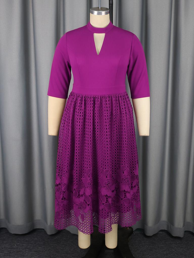Elegant Women Plus Size Half High Neck 3/4 Sleeves A Line Midi Dresses with Floral Lace Hem for Church Events and Elegant Gatherings