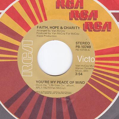 7inch Record FAITH HOPE  CHARITY  Youre My Peace Of Mind  Rescue Me PB10749 RCA Victor 1975 US SoulFunk Used