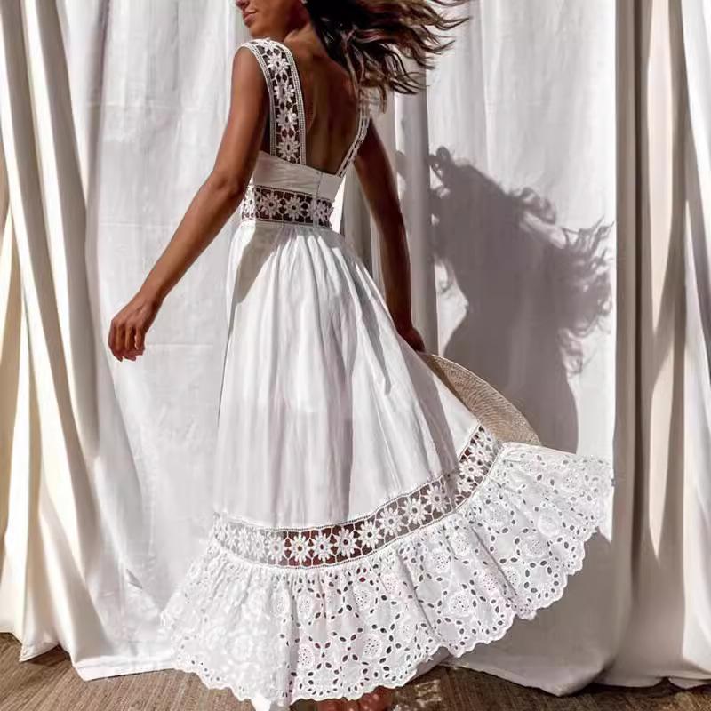 New European and American Fashion Lace Sleeveless Splicing Pendulum Long Dress Dress