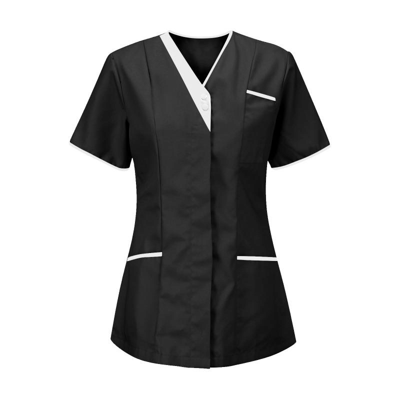 Women Solid Color Short-Sleeve V-neck Top Nurse Work Uniform Pocket Top
