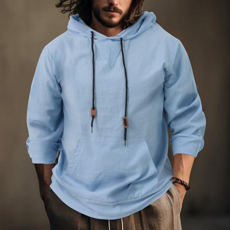 Men S Linen Cotton Blend Hooded Sweatshirt Loose Fit Casual Autumn Top