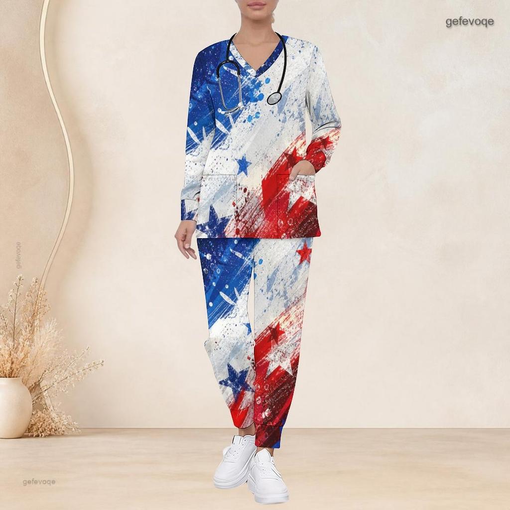 Women Plus Size V Neck Long Sleeve Scrub Set Pink Crystal Diamond Heart Glitter Print Nurse Uniform Set