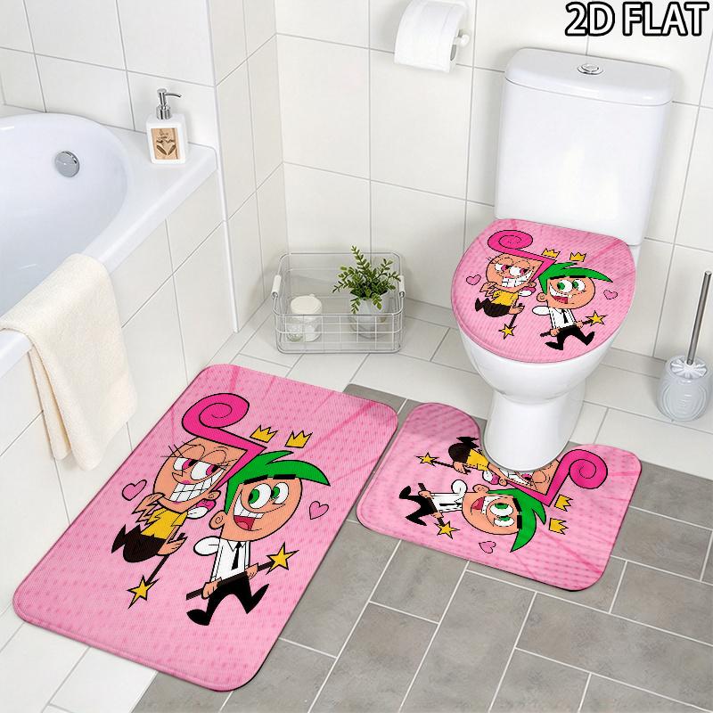 3pcs The Fairly OddParents Pattern Flannel Nonslip Absorbent Washable Decorative Bathroom Home Toilet Seat Cover Mat