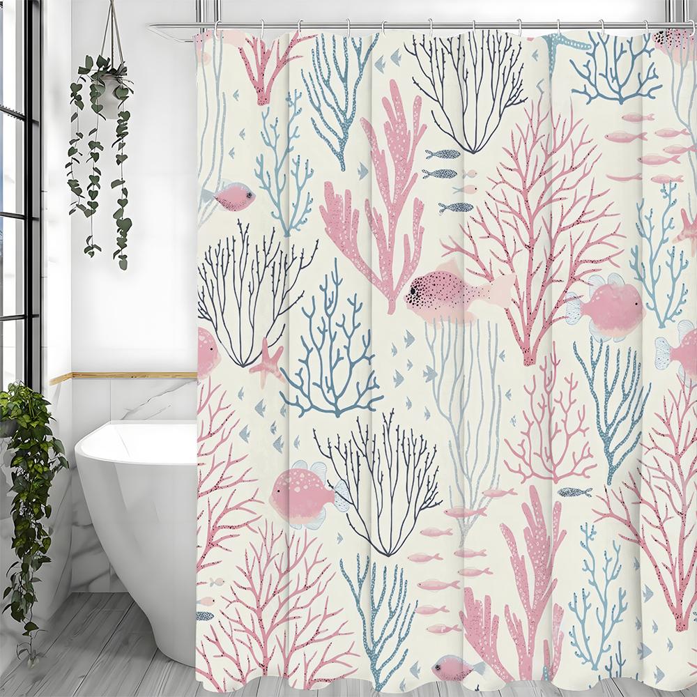 Small Fish Coral Pink Blue Shower Curtain, Bathroom Decorative Shower Curtain, Waterproof Shower Curtain with Hooks