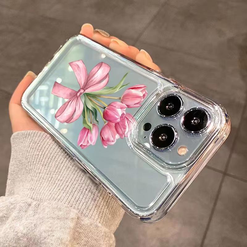 Trendy Pink Tulip Bow Clear Phone Case For iPhone 17 16 Pro Max 15 14 Plus 13 12 11 XS X XR 7 8 Plus 16E 17 Air Protective Cover