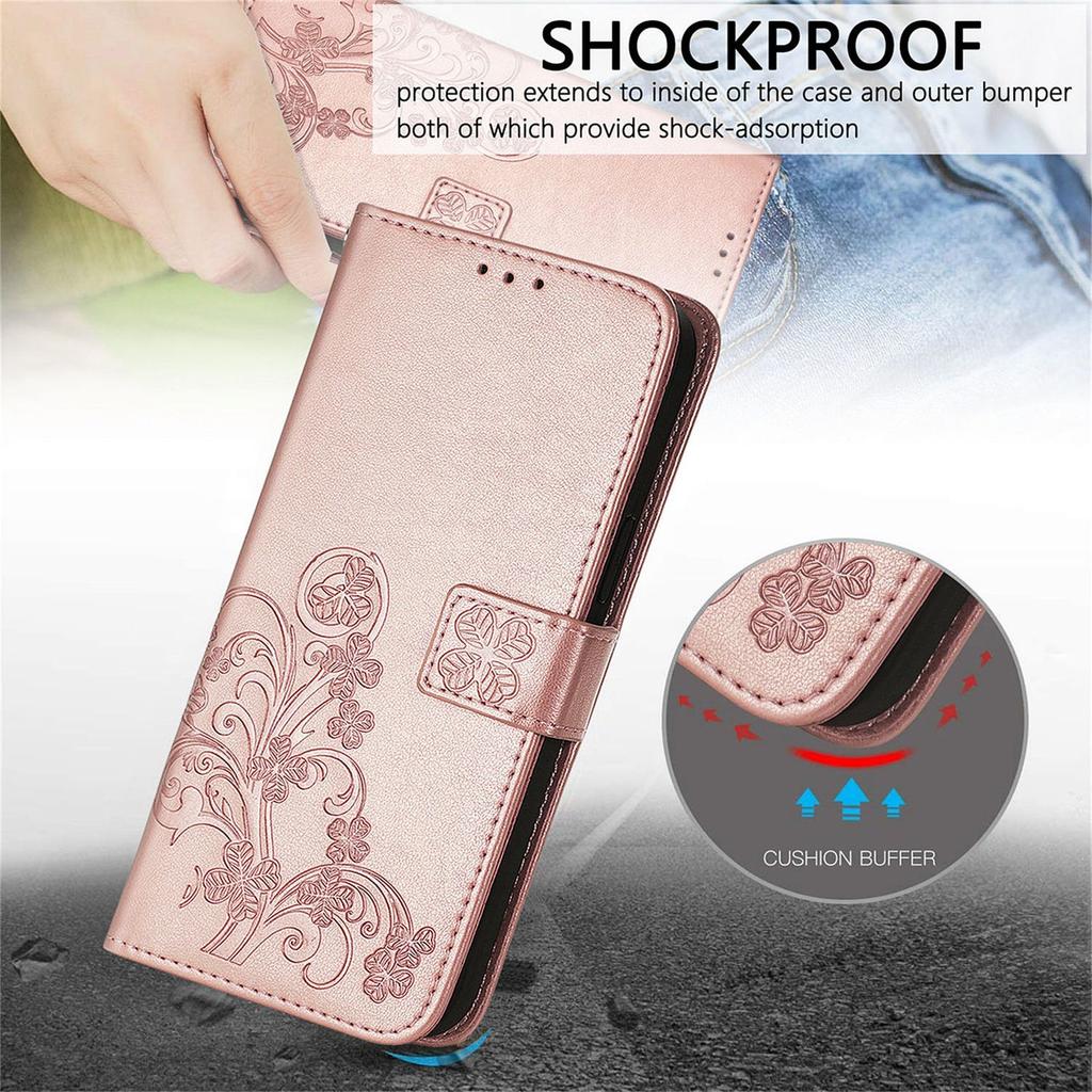 Leather Wallet Flip Case for VIVO V70 FE V60 V50 V40 V30 V29 V29E V50E V27E Lite Pro SE Embossed Clover Floral Design
