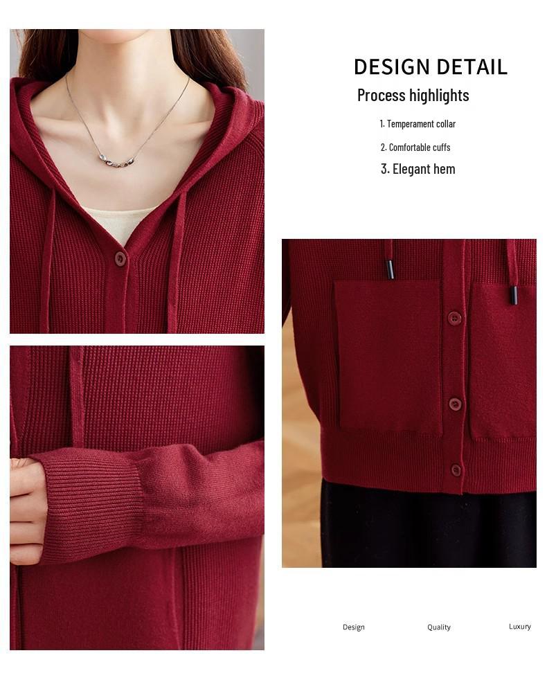 2026 Spring/Autumn Women's Hooded Knit Cardigan - Casual Loose Fit, Slimming Sweater Jacket