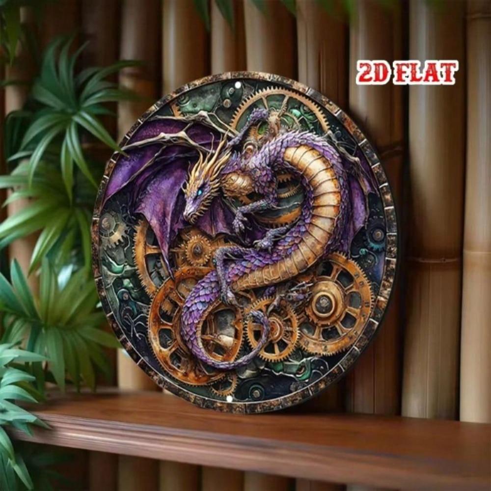 Purple Steampunk Dragon Round Metal Wall Poster with Gears for Living Room