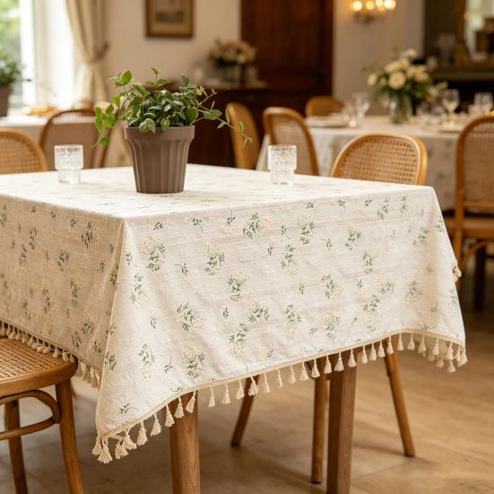 Lilac Floral Tablecloth, Cotton Small Fresh Flower Print Table Cover, Pastoral Style Breathable Cloth for Desk, Dorm Room Decor, Coffee Corner &
