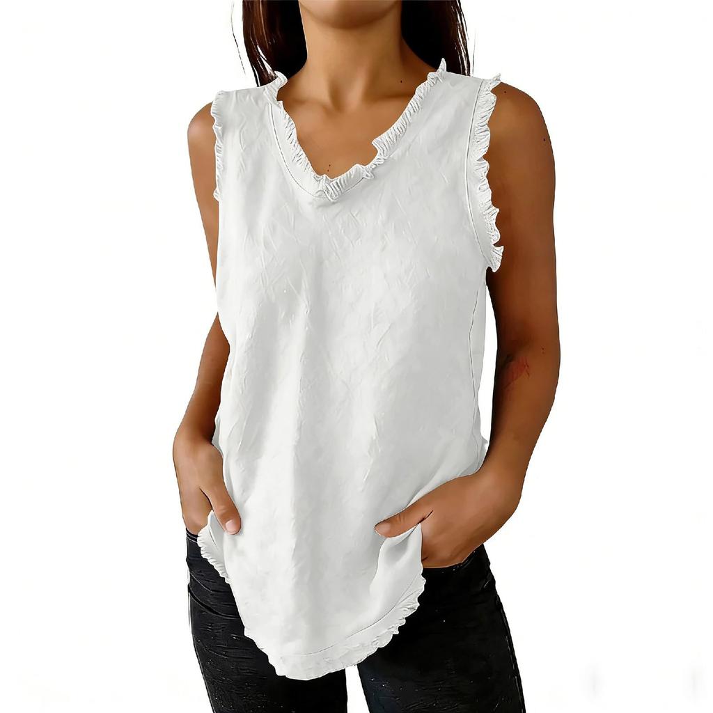 Women's Fashionable Color Round Neck Sleeveless Fringe Patchwork Casual Loose Cotton And Linen Top