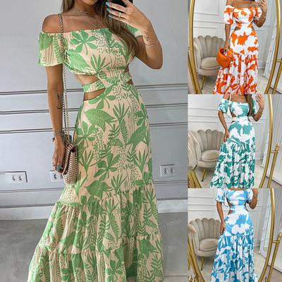Zomerjurk voor dames met print, off-shoulder, elastische taille - Wijdvallende A-lijn lange vakantiejurk met sexy uitsnijdingen en strikjes