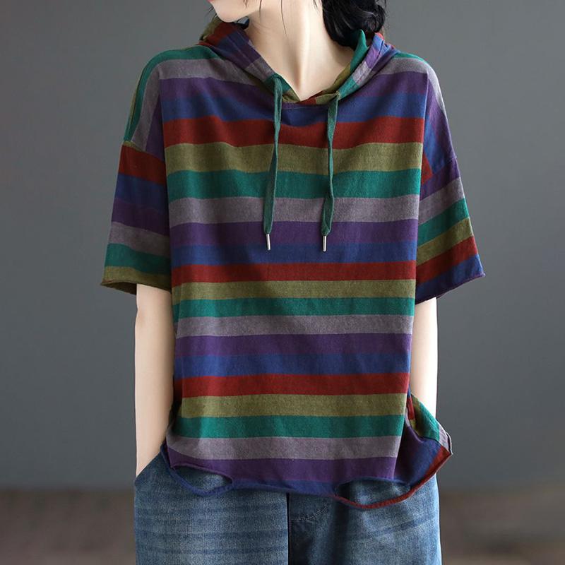 T-shirt for Women Summer Large Size Cotton T-shirt Soft Loose Striped Casual Comfortable Pullover T-shirt Top