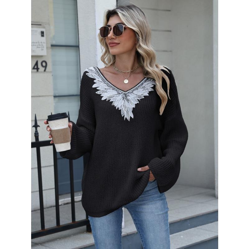 Autumn Winter Loose Casual Sequins Patchwork Fashion Sweater Women V-neck Bottomed Knitting Pullover Top