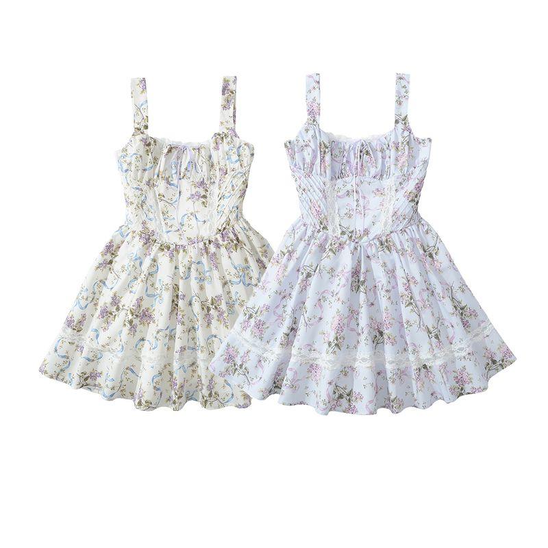 Kaslead New Women Clothes Western Style Fashion Simple and Fresh Print Waist Hugging Lace Mesh Dress