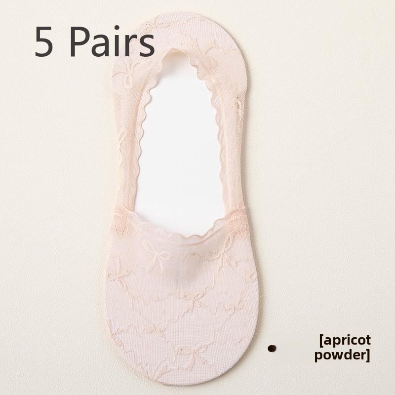 5 Pairs of Women's Summer Thin Lace Bow Invisible Shallow Mouth Wicking Sweat Non Slip Boat Socks