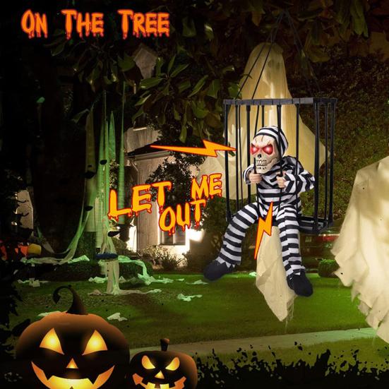 Sprechender Gefangenenanhänger Rote leuchtende Augen Gestreifte Kleidung Sprachaktiviert Gruselig Batteriebetrieben