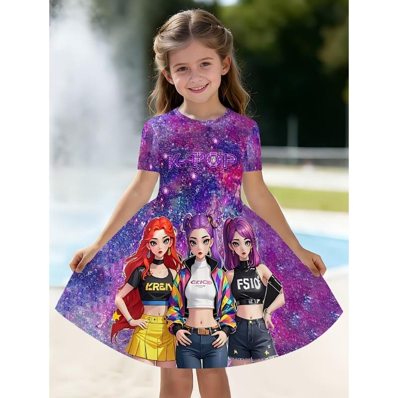 Girl's Purple Flower Unicorn Print T-shirt Dress, A Shiny Casual Dress for Children's Animal Lovers, Suitable for Birthday Gifts
