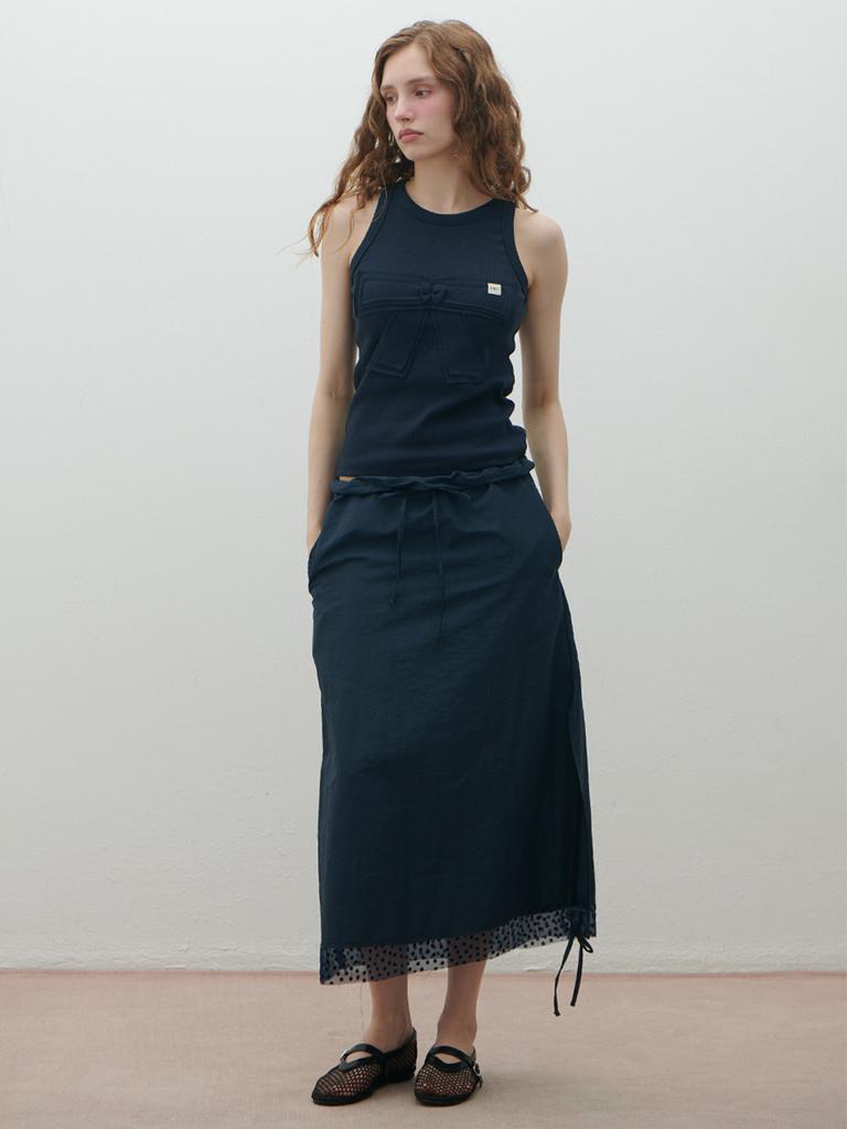 Double Hips Dot Color Block Nylon Skirt (Navy)