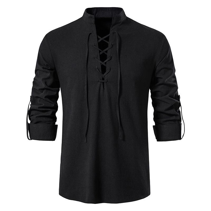 Men s New Cotton And Linen Henley Shirt, Long-sleeved Casual Beach Stand-collar Shirt L чёрный