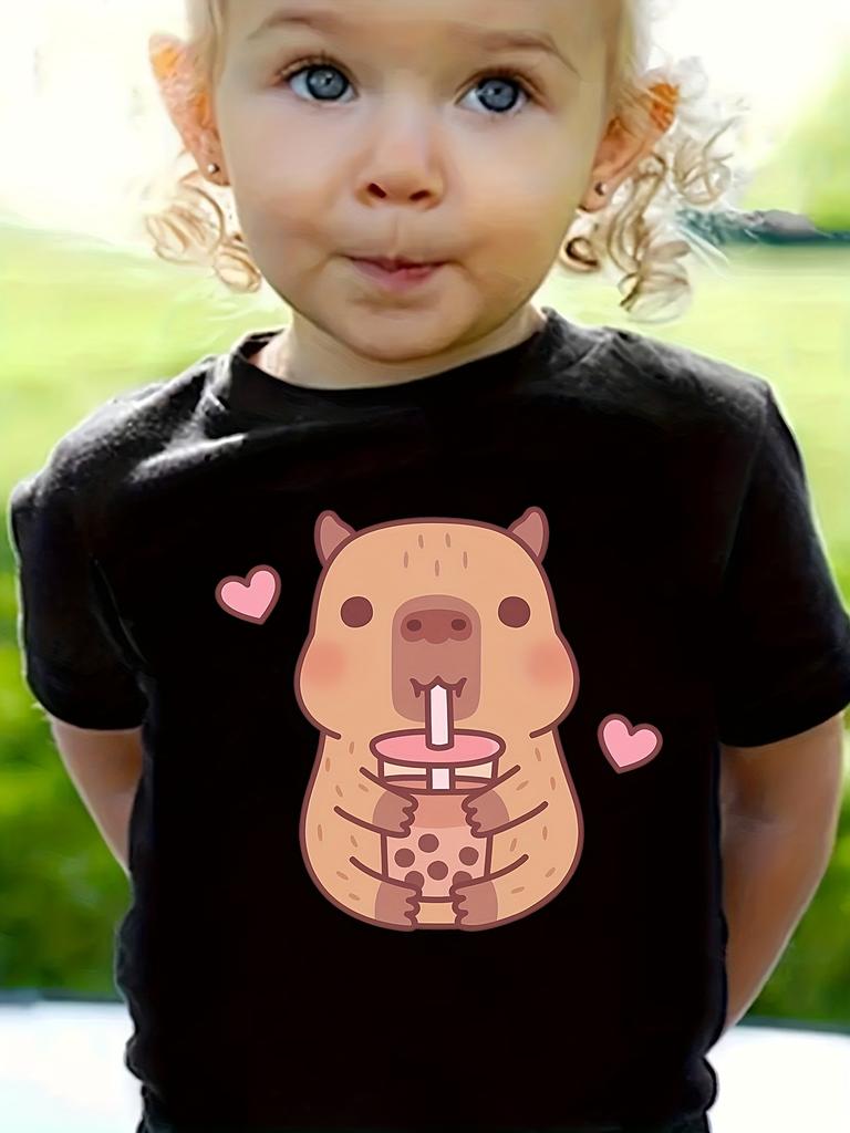 Cute Capybara Print Girls Summer Clothes Crew Neck T-Shirts for Girls Short Sleeve Tee Kids Clothes T-Shirts Girl Clothing
