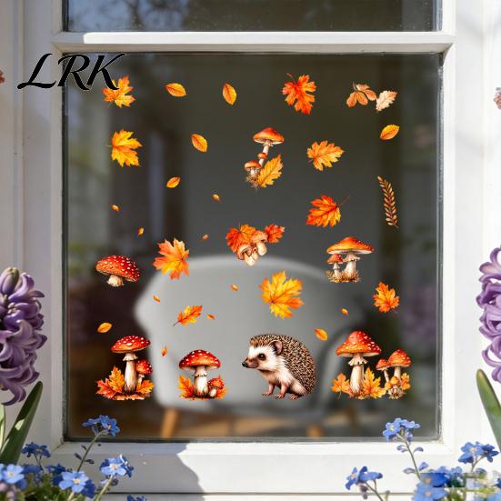 Kaffeehaus-Fensterkunst 2 Stück Herbstigel Statische Aufkleber, Herbst-Ahornblatt-Pilz-Glasaufkleber, Saisonale Dekorationen Klebefreie Aufkleber für
