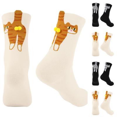 Trendige Niedliche Socken mit 3D-Bommel Cartoon-Katzen-Print Mittellange Socken Verspielt Stilvoll Freizeit-Strumpfwaren Atmungsaktive Damensocken
