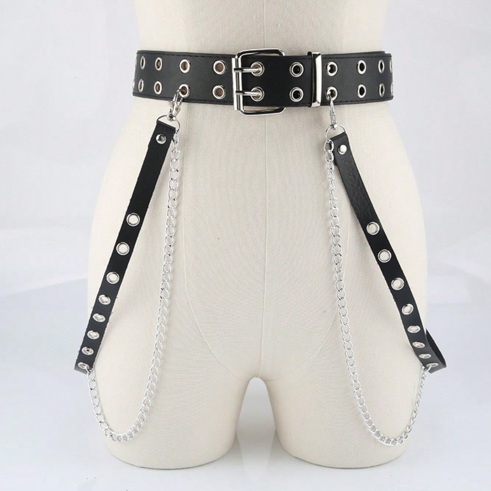 Punk Style Double Row Buttonhole Belt Decorative Belt Chain Strap Belt