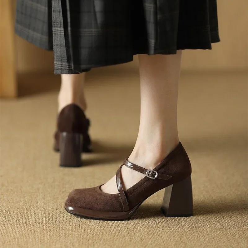 Comfortable Retro French High Heels Women's Chunky Mary Jane Shoes Spring New All-Match Square Head Single Shoes Rubber Sole