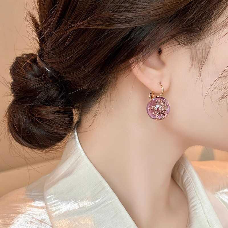 Purple Zircon Alloy Earrings With Ceramic Post Semi-Transparent Design Minimalist Chic Drop Women