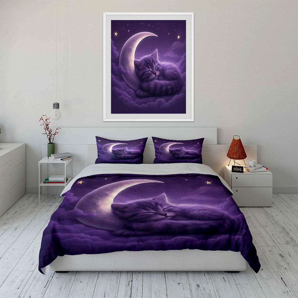 "Moon Cat Bedroom Decor Set" Bedding Set with 1 Duvet Cover 2 Pillowcases Single Double King Queen, Gift