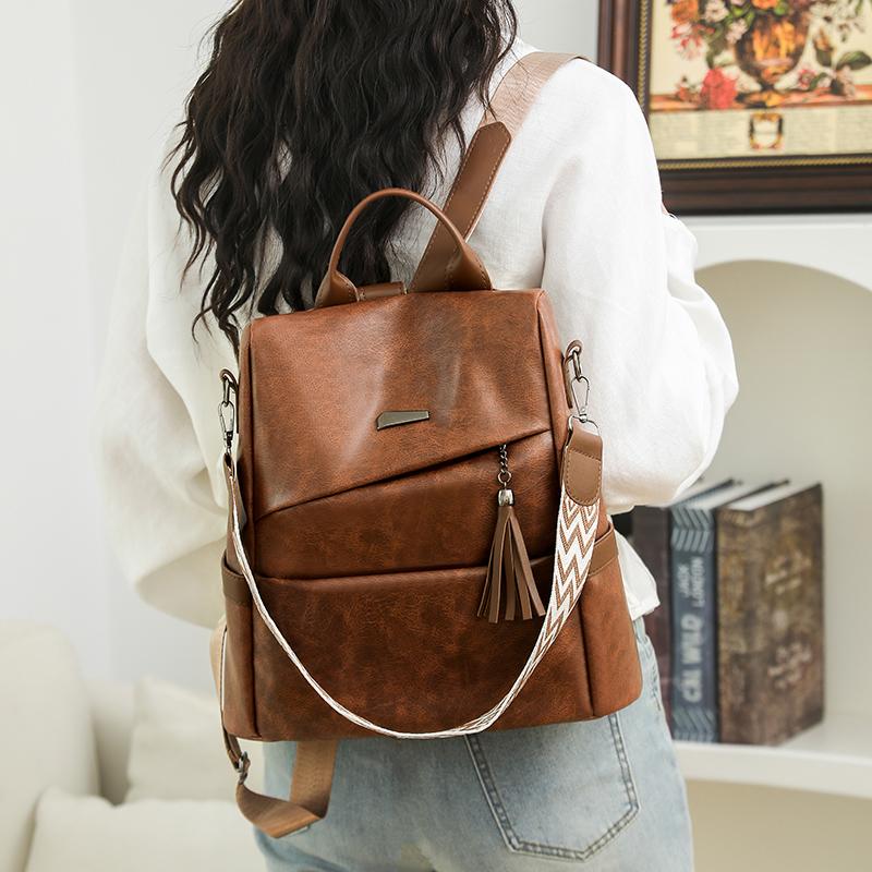 PU Backpack Women's Large Capacity Tassel Backpack Lightweight Multi-function Shoulder Bag