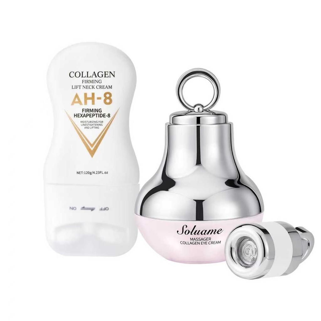Set Crema Contorno Occhi e Collo da Massaggio al Collagene Idratante & Rassodante, Lozione Collo con Roller Massaggiante Facilmente Assorbibile