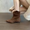 Inner height increase brown V-mouth short boots women's 2025 autumn and winter retro suede pointed thin medium tube fashion knight boots