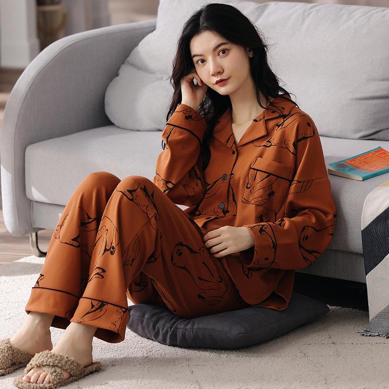 Women's Cute Cartoon Loose-Fit Pajamas Set - Pure Cotton Long Sleeve, Korean Style, Plus Size, Versatile for Indoor & Outdoor Wear.