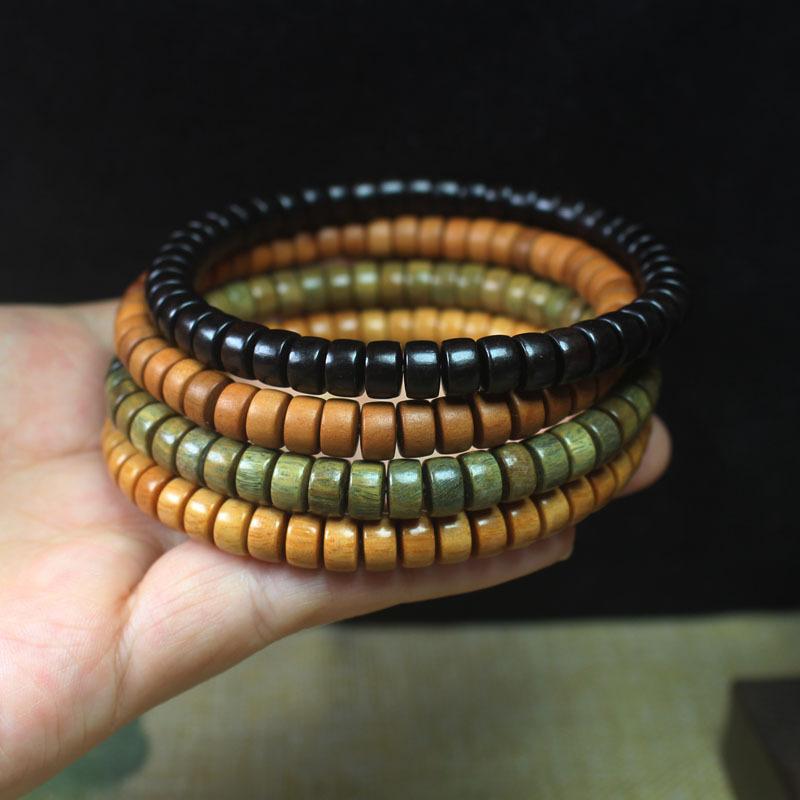 Natural Wood Flat Bead Bracelet, Hand Polished Ethnic Wristband, Unisex Spiritual Jewelry