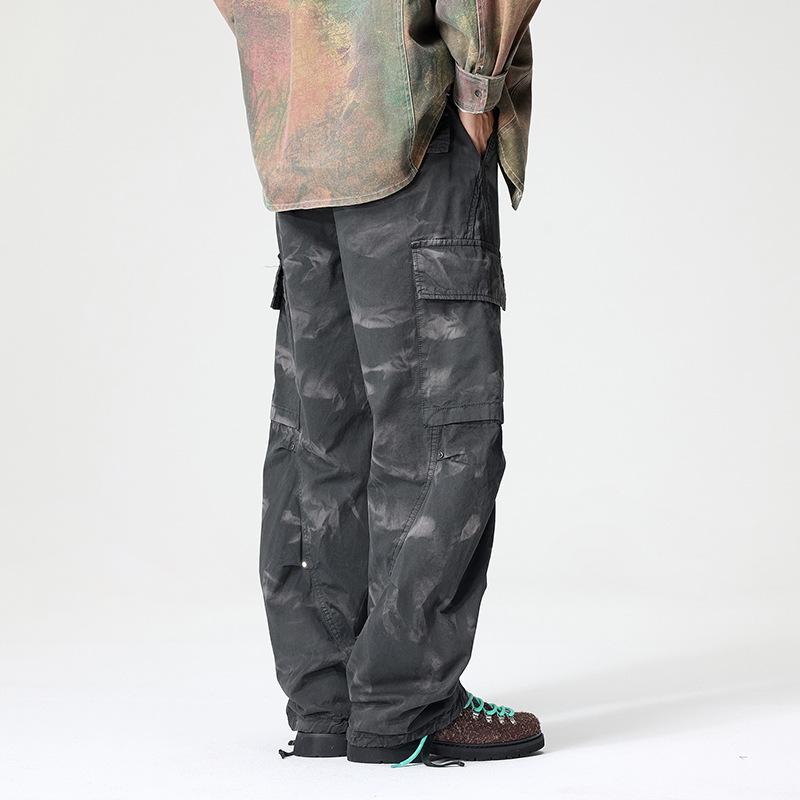 Spring and summer American casual retro old tie-dye big pocket overalls men's straight loose drawstring wide-leg pants
