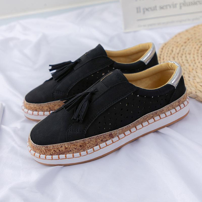 Large size women's shoes 2026 summer new retro round head elastic hollow single shoes casual tassel flat baseplate shoes