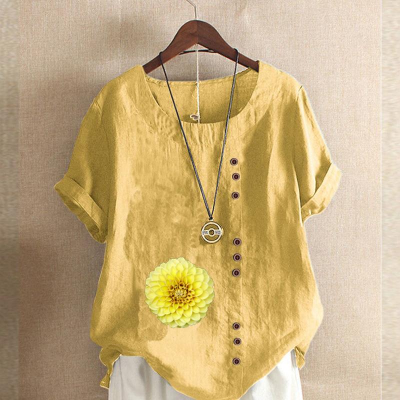 Women's Fashion Round Neck Short Sleeve T-shirt Casual Cotton Linen Graphic Shirt Leisure Loose Flower Prined Summer Blouse Tops