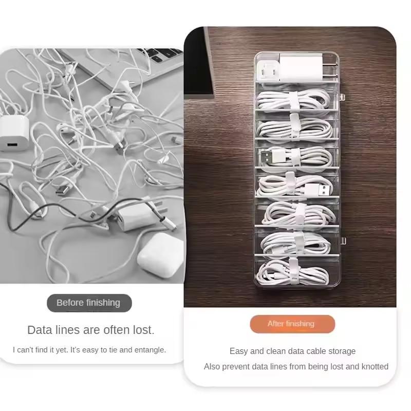 Transparent Plastic Data Cable Storage Box Household Mobile Phone Charger Cord Organizer Divided Grid Finish Box