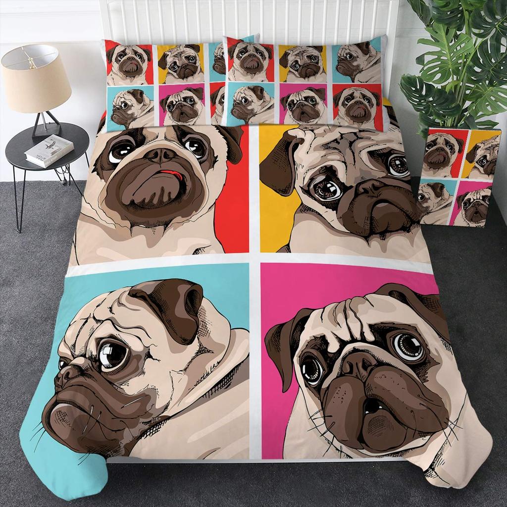 Cute Dogs Print Bedding Set Puppy Animal Duvet Cover Set 2/3 Pcs Watercolor Pastel Dog Paw Comforter Cover Pug Dog Lover Bed Set