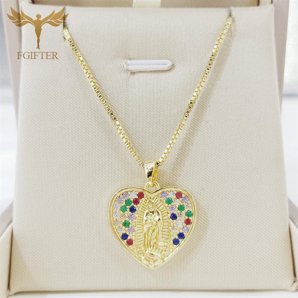 

Stainless Steel Chains Colorful Zircon Love Virgin Mary Dangling Copper Necklaces Women Men Charms Accessories Religious Zircon 45cm