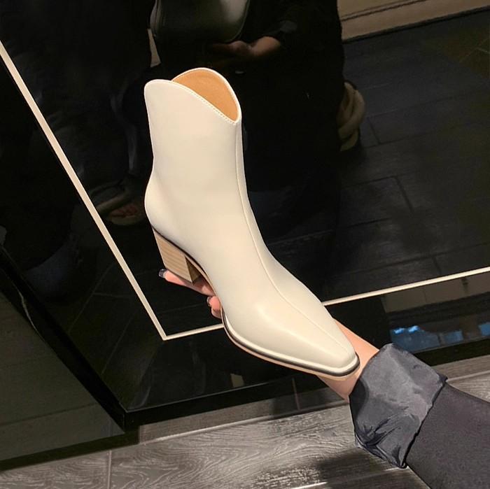 Cowhide version~ French small boots leather pointed head v-mouth short western boots women's thick heel high heel and ankle boots Martin boots