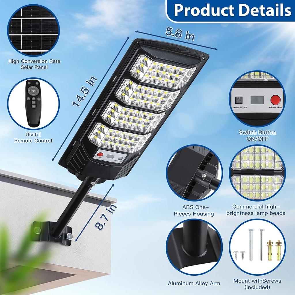 1 Pack Solar Street Light Outdoor Waterproof 6500K LED Solar Motion Sensor Light Outdoor Dusk To Dawn Flood Light Remote Control