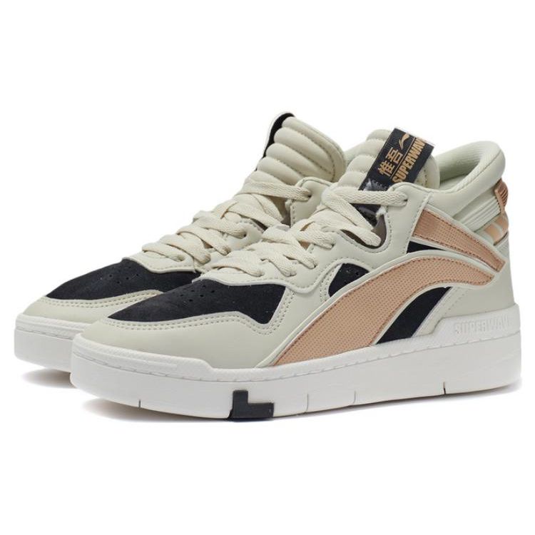 Li Ning Suprewave Mid Slip Resistant Durable High Top Skate Shoes Women Skate Shoes White Black Gold AGCR234-2