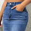 Women Denim Skirt High Waist Button Zipper Fly Multi Pockets Midi Skirt Solid Color Hip Wrapped Tassel Hem Washed Skirt
