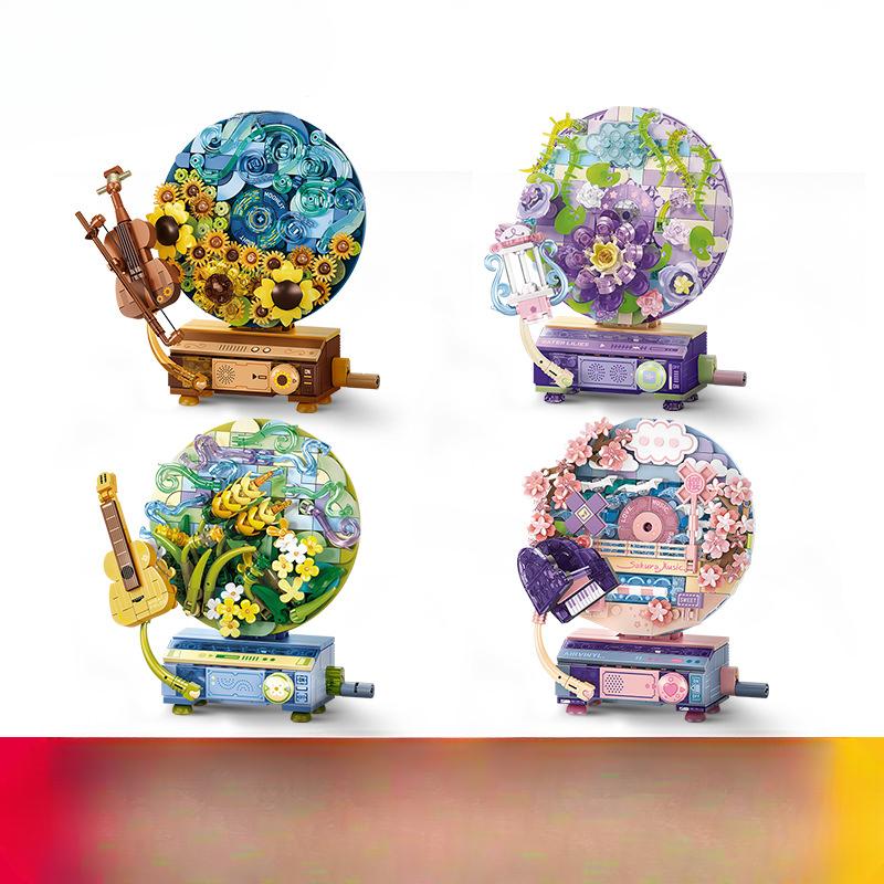 Building Block Flower Language Rotary Record Machine Is Compatible with Children's Assembled Educational Diy Toys