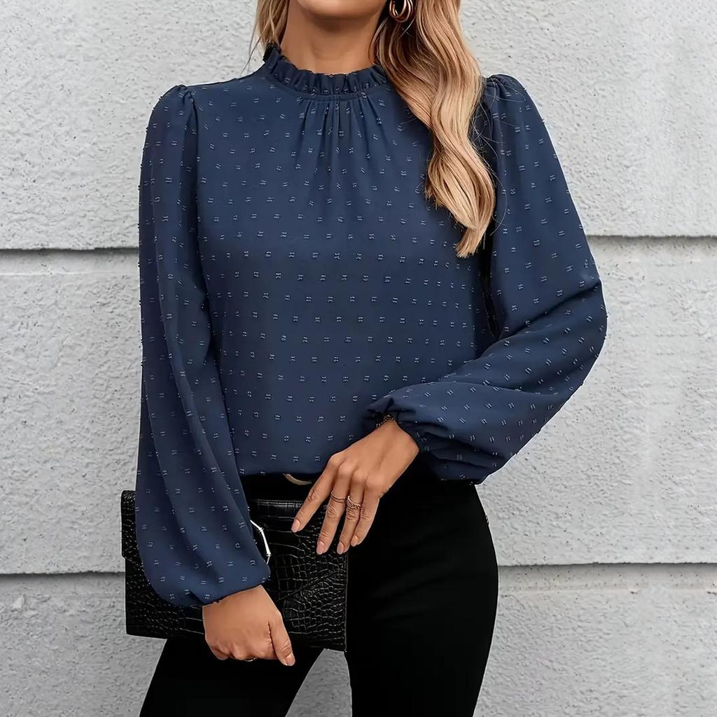 Women's Fashion Casual Polka Dot Pleated Round Neck Long Sleeve Color Top